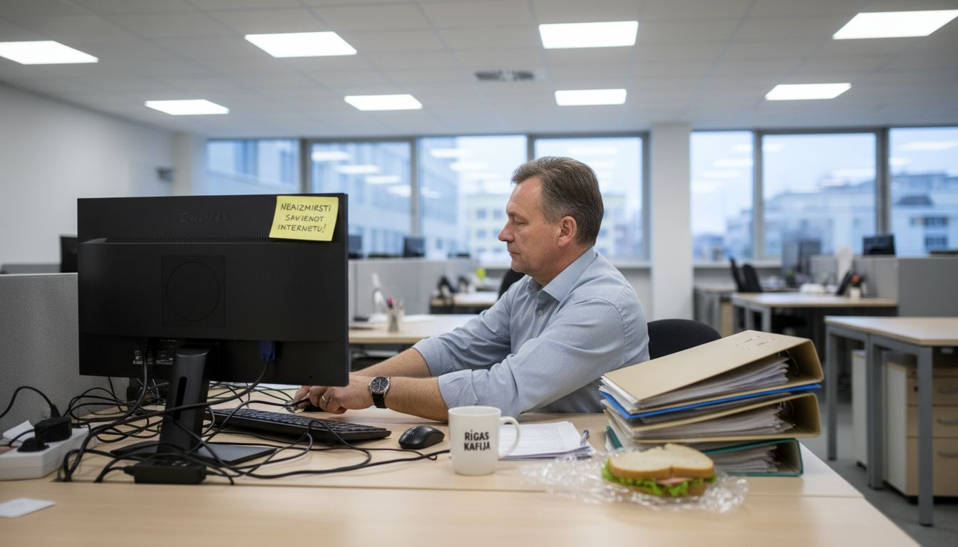 Darbinieks iekārto savu darba vietu, uzstādot galda datoru.