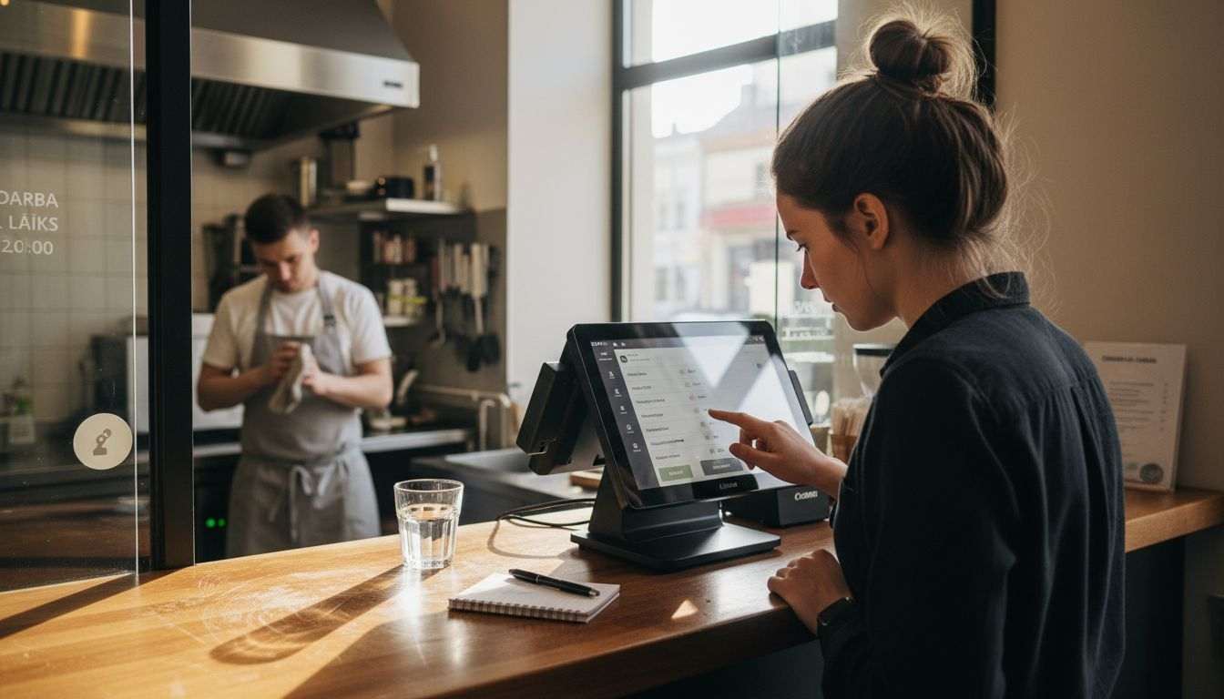 Viesmīle kafejnīcā ievada pasūtījumu kasē