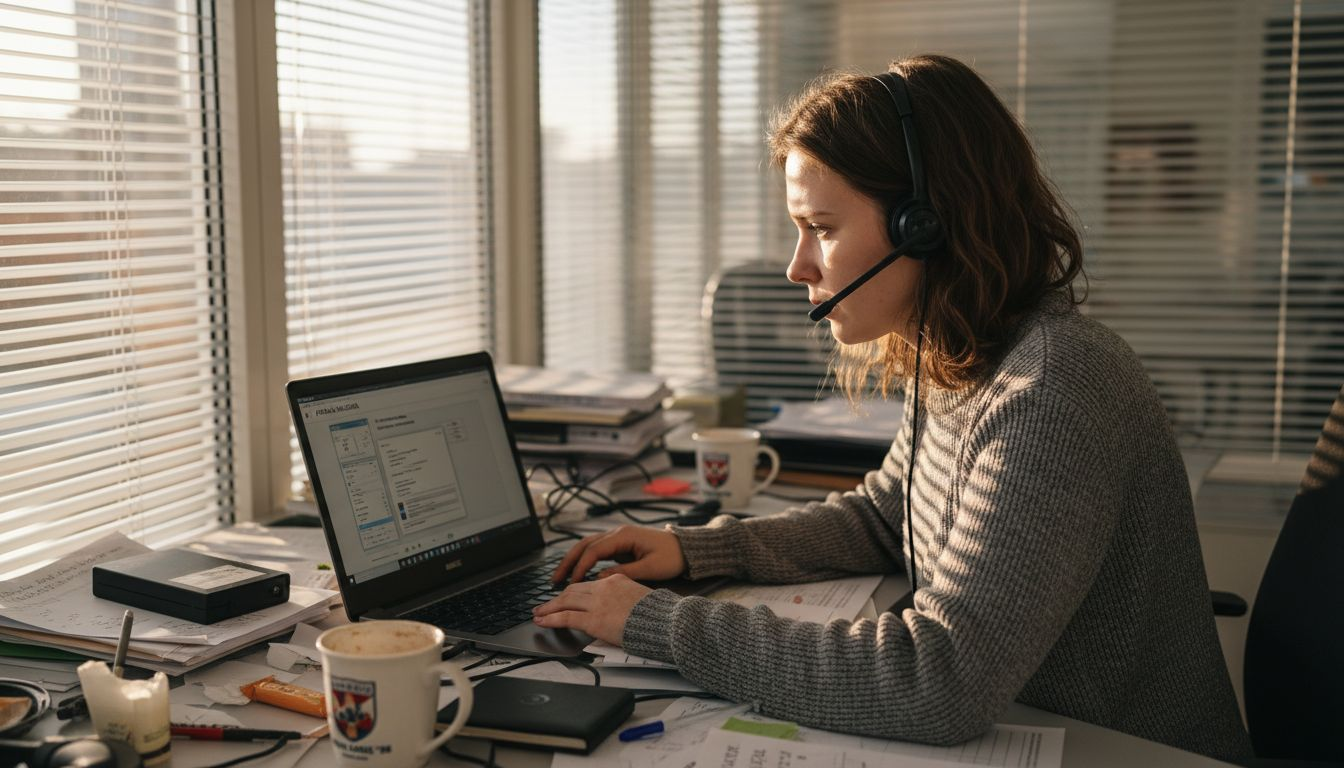 Birojā strādājoša sieviete saņem IT speciālista palīdzību attālināti.