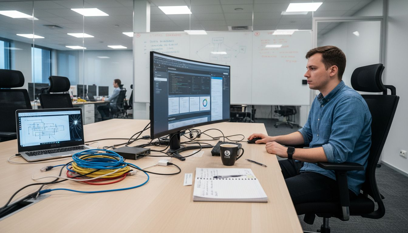 IT speciālists uzrauga uzņēmuma sistēmas darbību, sekojot līdzi informācijas panelim.