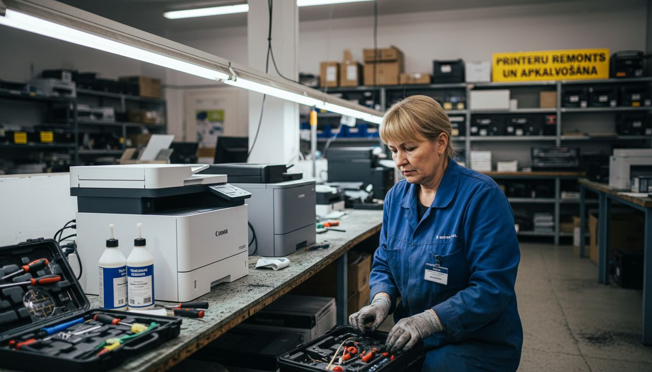 Tehniķis veic apkopi diviem dažādiem printeru modeļiem