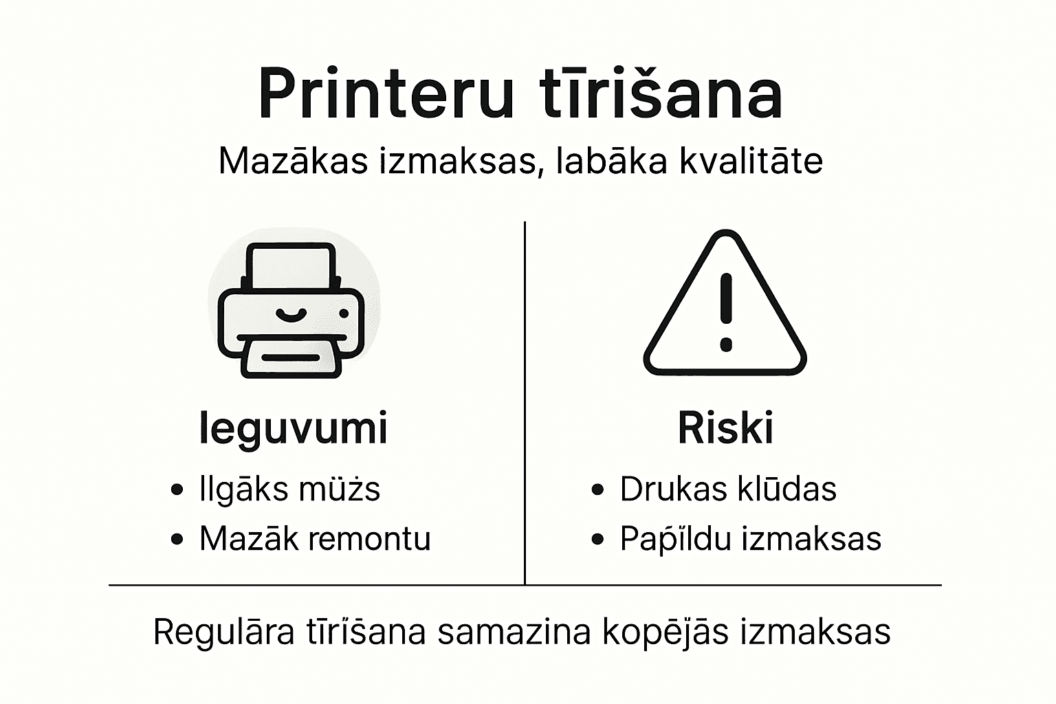 Infografika par to, kādas priekšrocības un iespējamie riski saistīti ar printera tīrīšanu