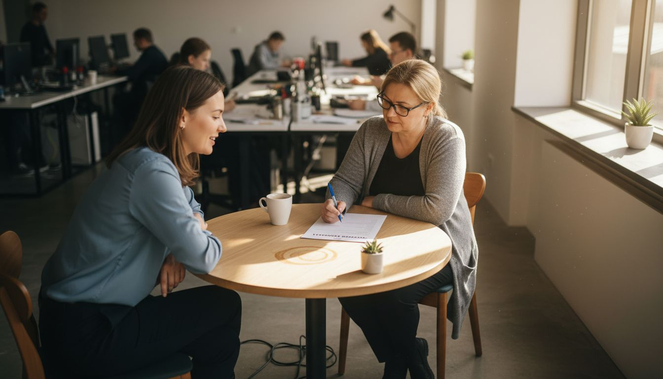 Vadītājs biroja stūrī sarunājas ar klientu, lai uzzinātu viņa viedokli un atsauksmes.