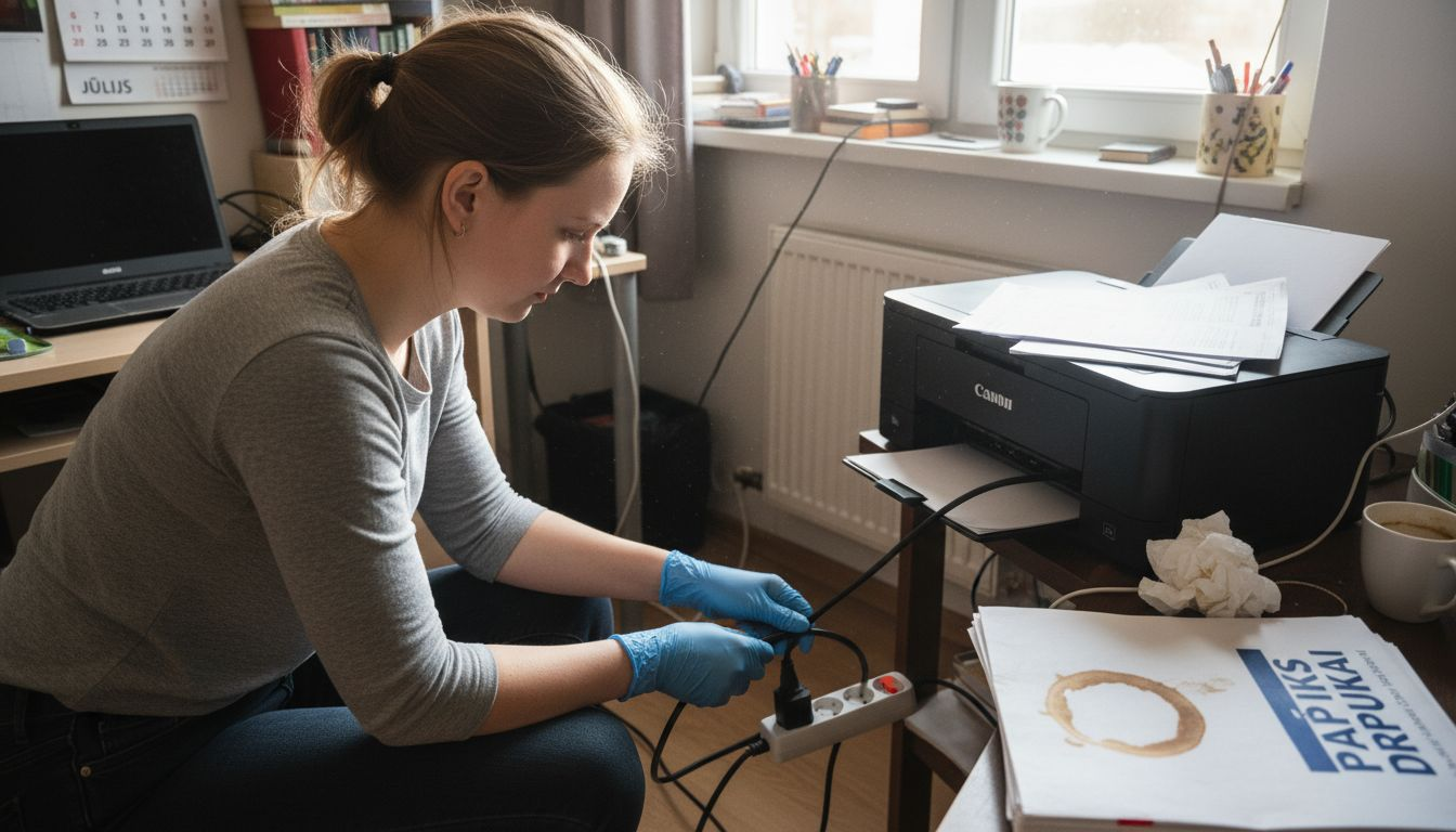 Sieviete pirms printera tīrīšanas atslēdz to no elektrības.