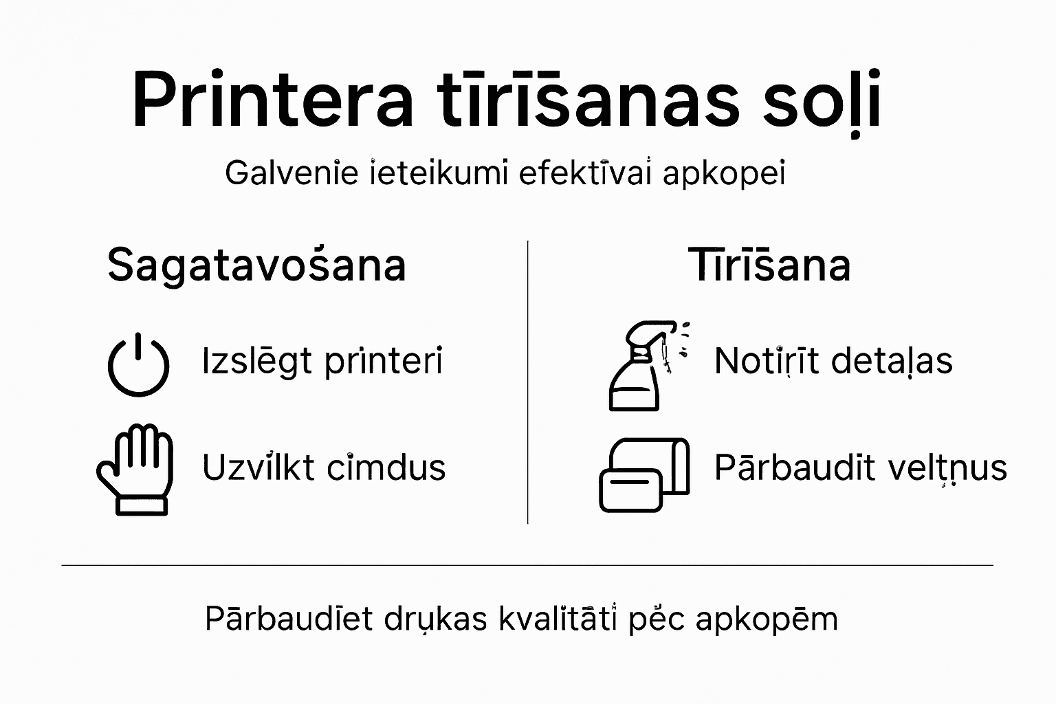Infografika ar padomiem un soļiem, kā pareizi iztīrīt printeri