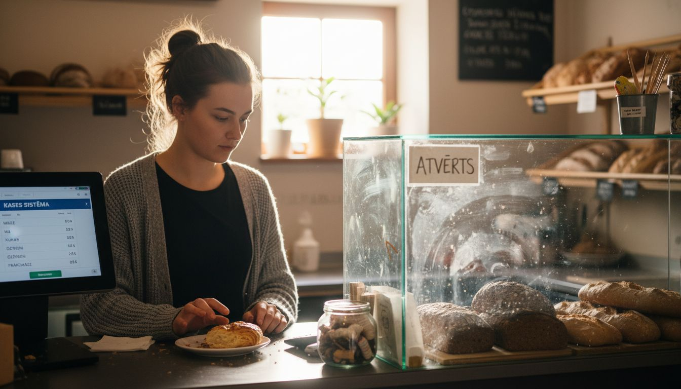 Maiznīcas pārdevēja pieņem pirkumus, izmantojot skārienjūtīgo kases aparātu.