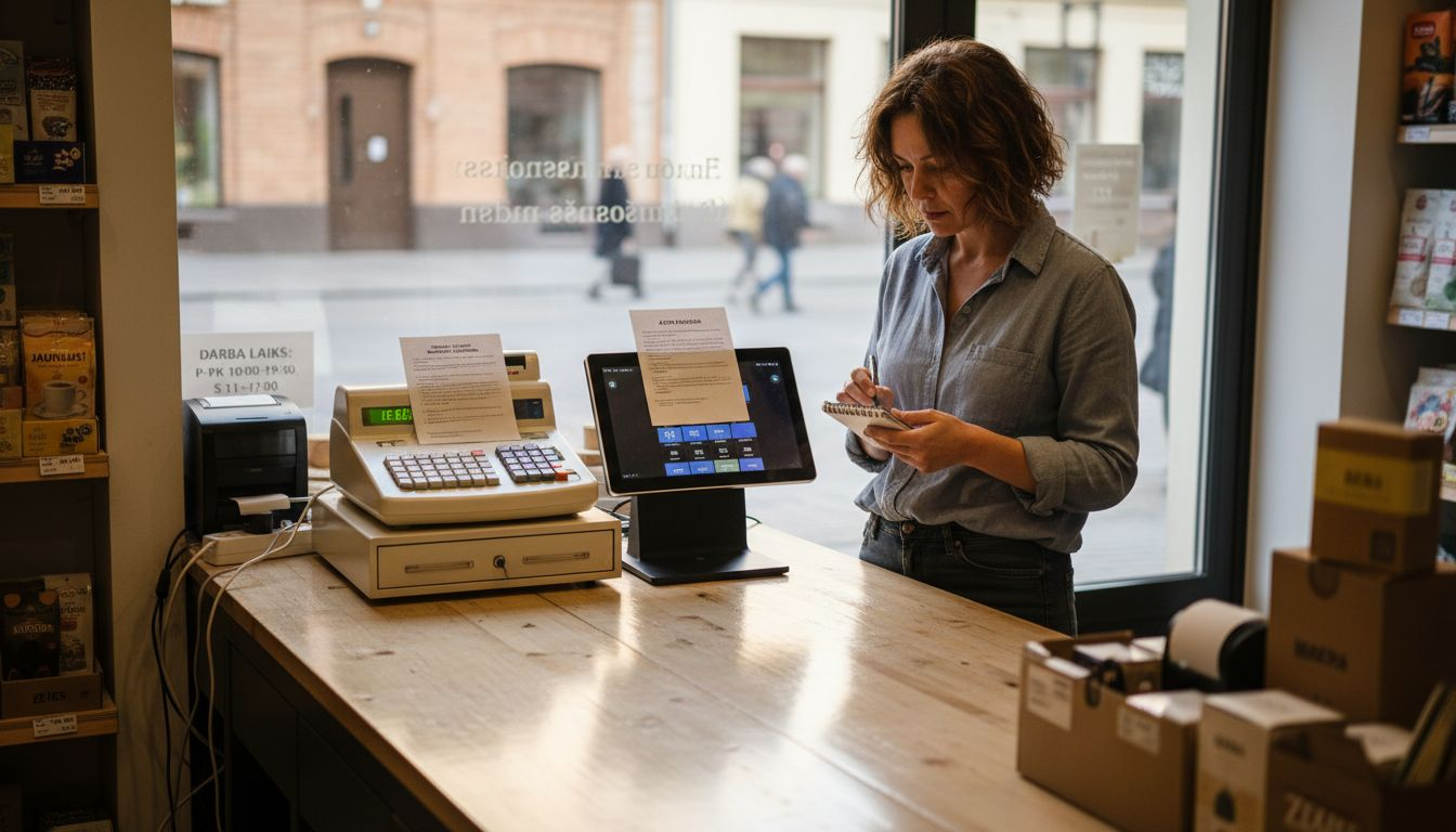 Veikala vadītājs rūpīgi izvērtē divus kases aparātu modeļus, lai saprastu, kurš būs piemērotāks uzņēmuma vajadzībām.