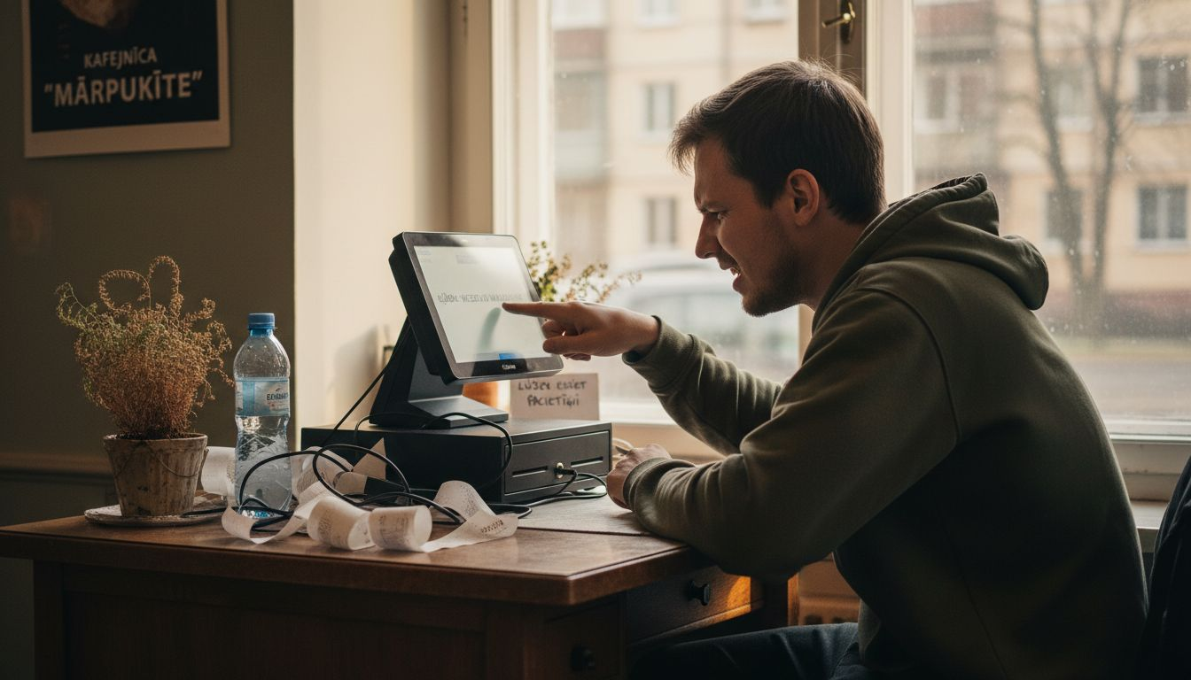 Jauna kafejnīcas darbiniece cīnās ar problēmām pie kases aparāta