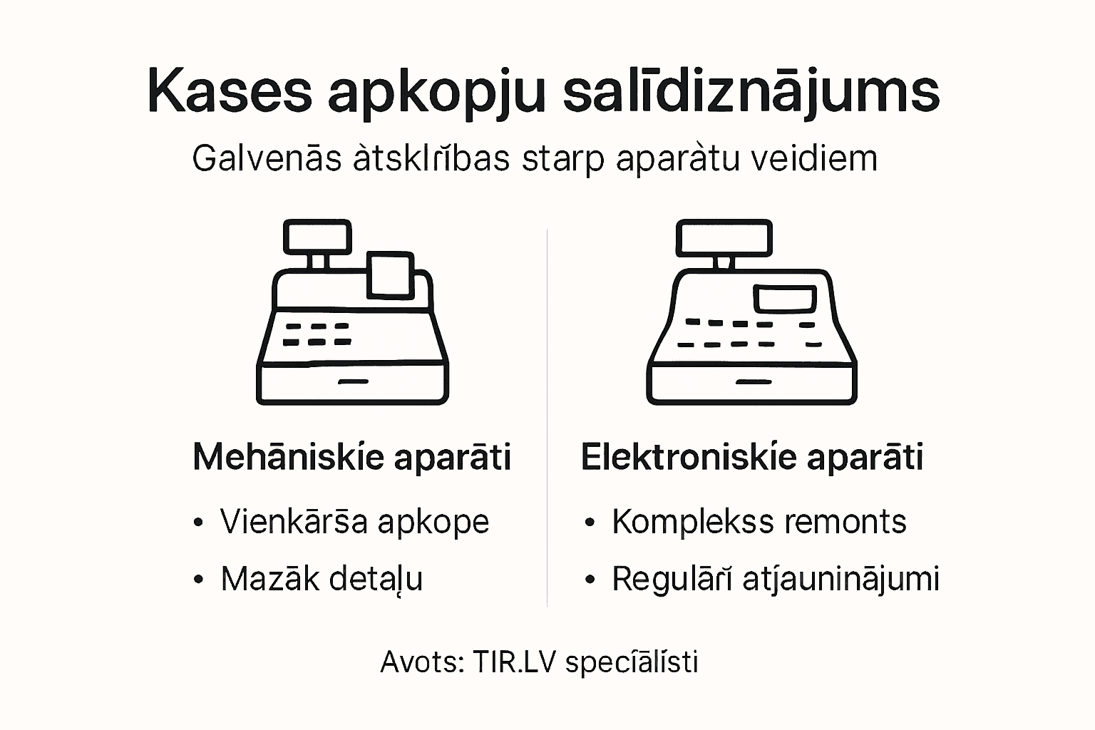 Pārskata infografika: dažādu kases aparātu salīdzinājums