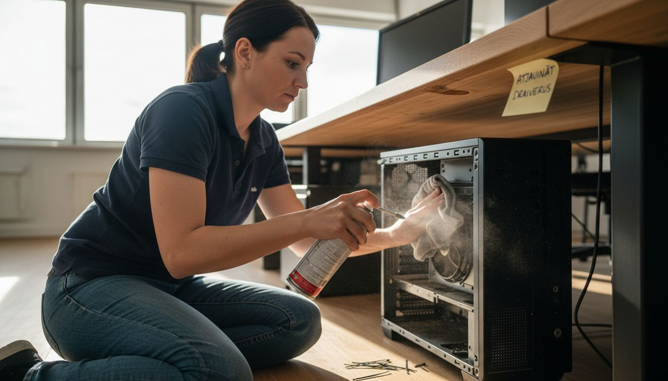 Speciālists rūpīgi iztīra datoram ventilācijas atveres no putekļiem, lai tas darbotos bez traucējumiem.