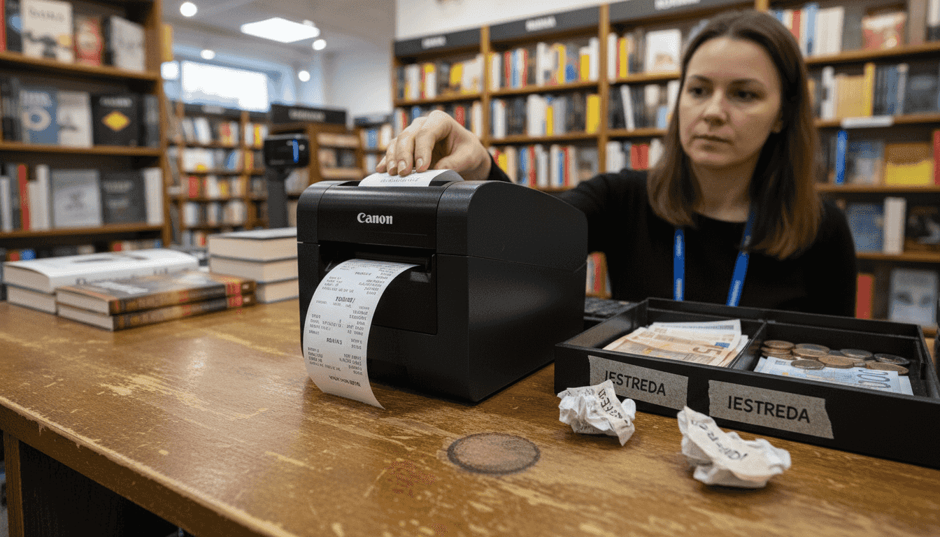 Kase pārdevējs izdrukā čeku, izmantojot kases sistēmu.