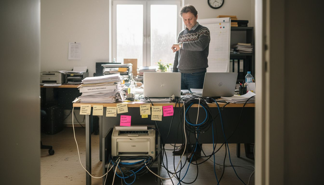 Vadītājs stāv pie galda, kur salikti portatīvie datori, bet nevienam nav pieslēgts vads.