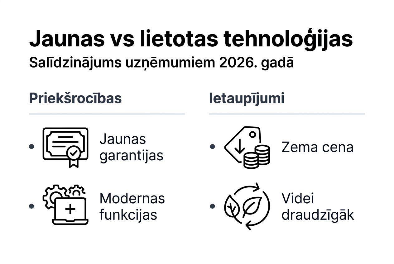 Infografika: jaunas un lietotas biroja tehnikas plusi un mīnusi