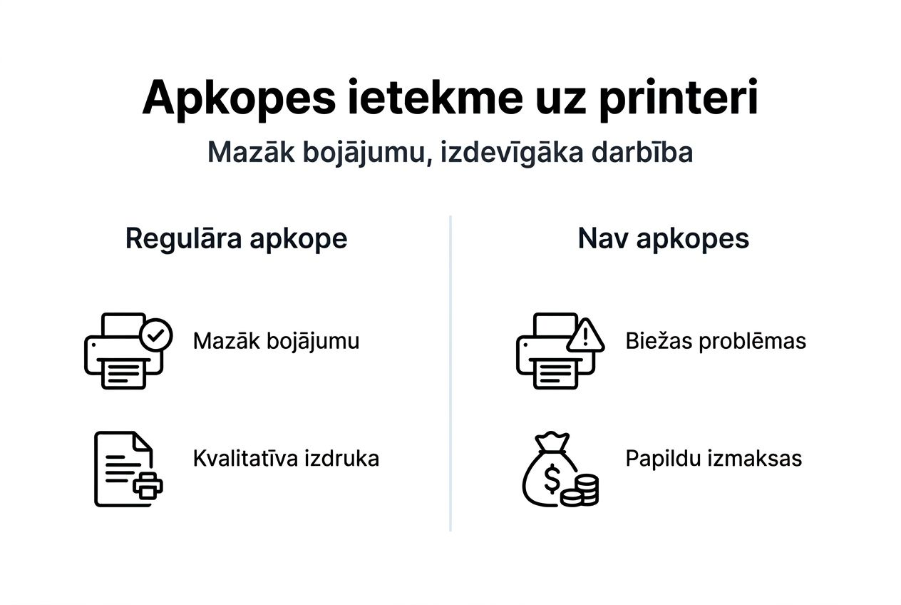 Infografika: kādas ir atšķirības starp rūpīgu printera apkopi un printeri, kuram apkopes netiek veiktas