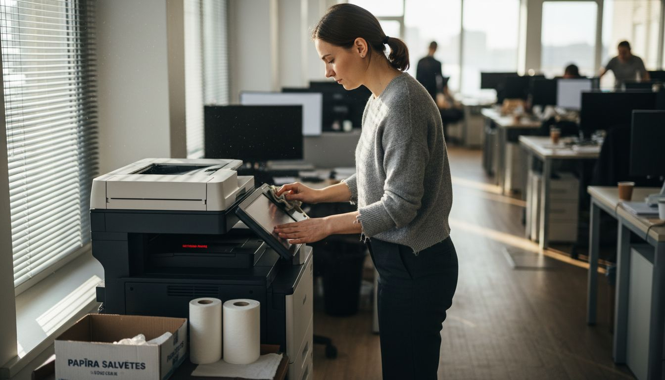 Darbinieks rūpīgi tīra biroja printeri, lai tas strādātu bez aizķeršanās un vienmēr būtu gatavs darbam.