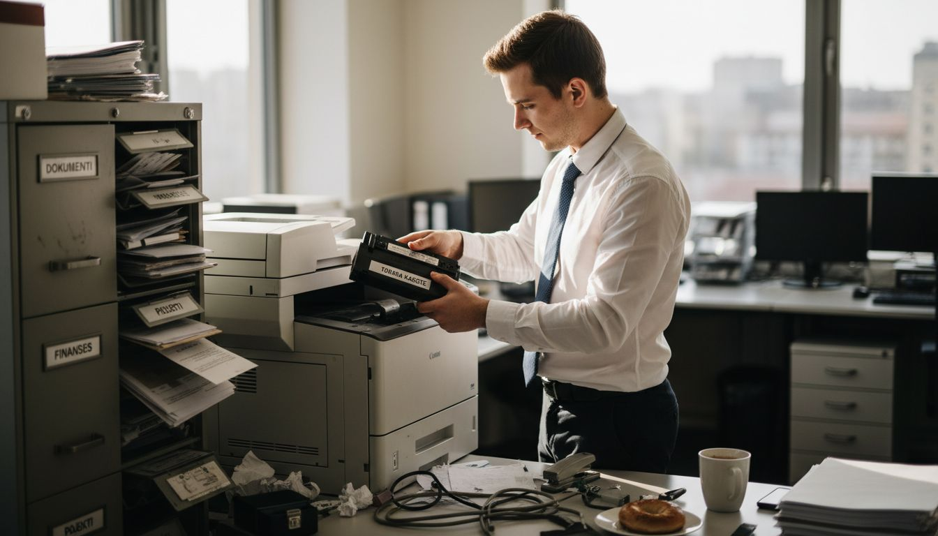Darbinieks birojā maina printera toneri.