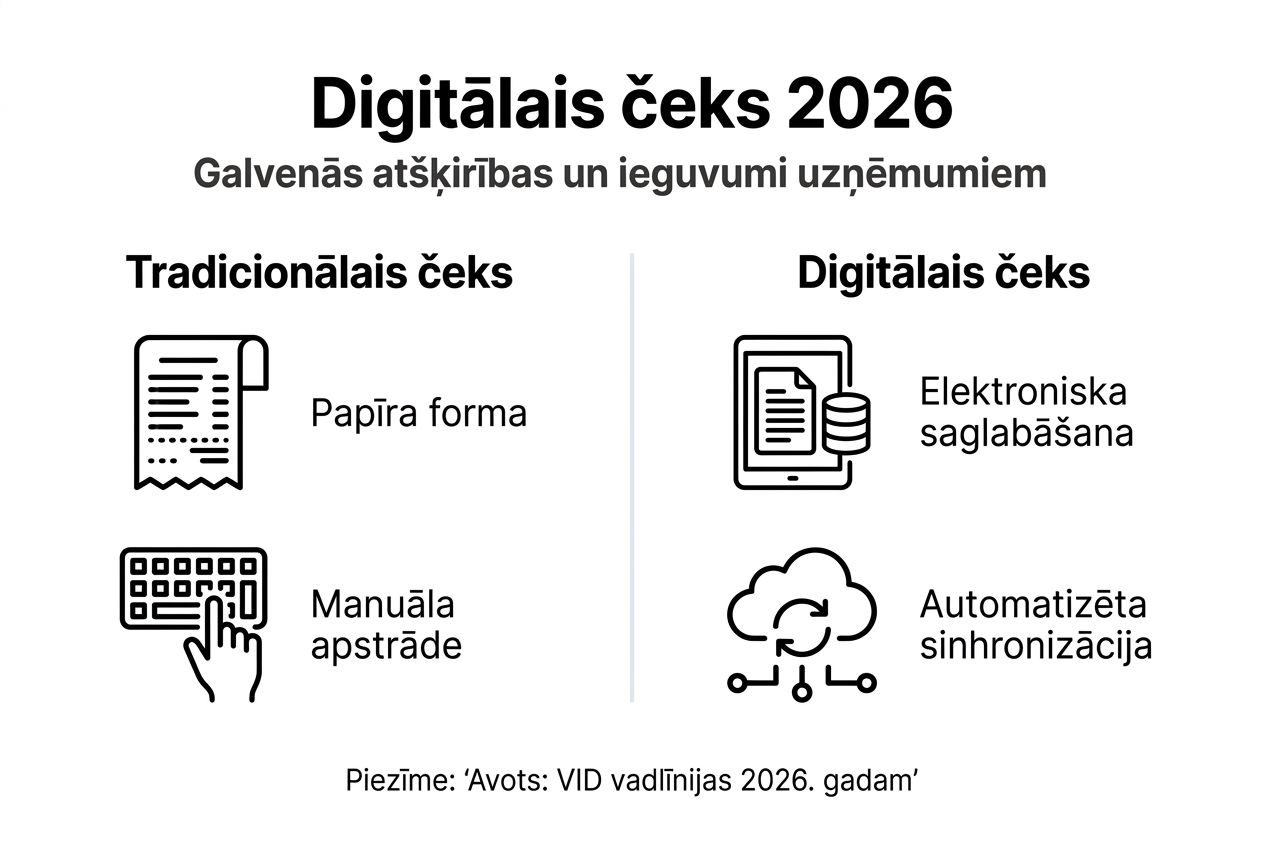Infografikā uzskatāmi parādītas galvenās atšķirības starp digitālajiem un papīra čekiem.