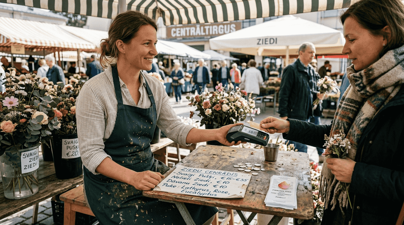 Floriste tirgū pieņem maksājumus ar mazo tracku termināli