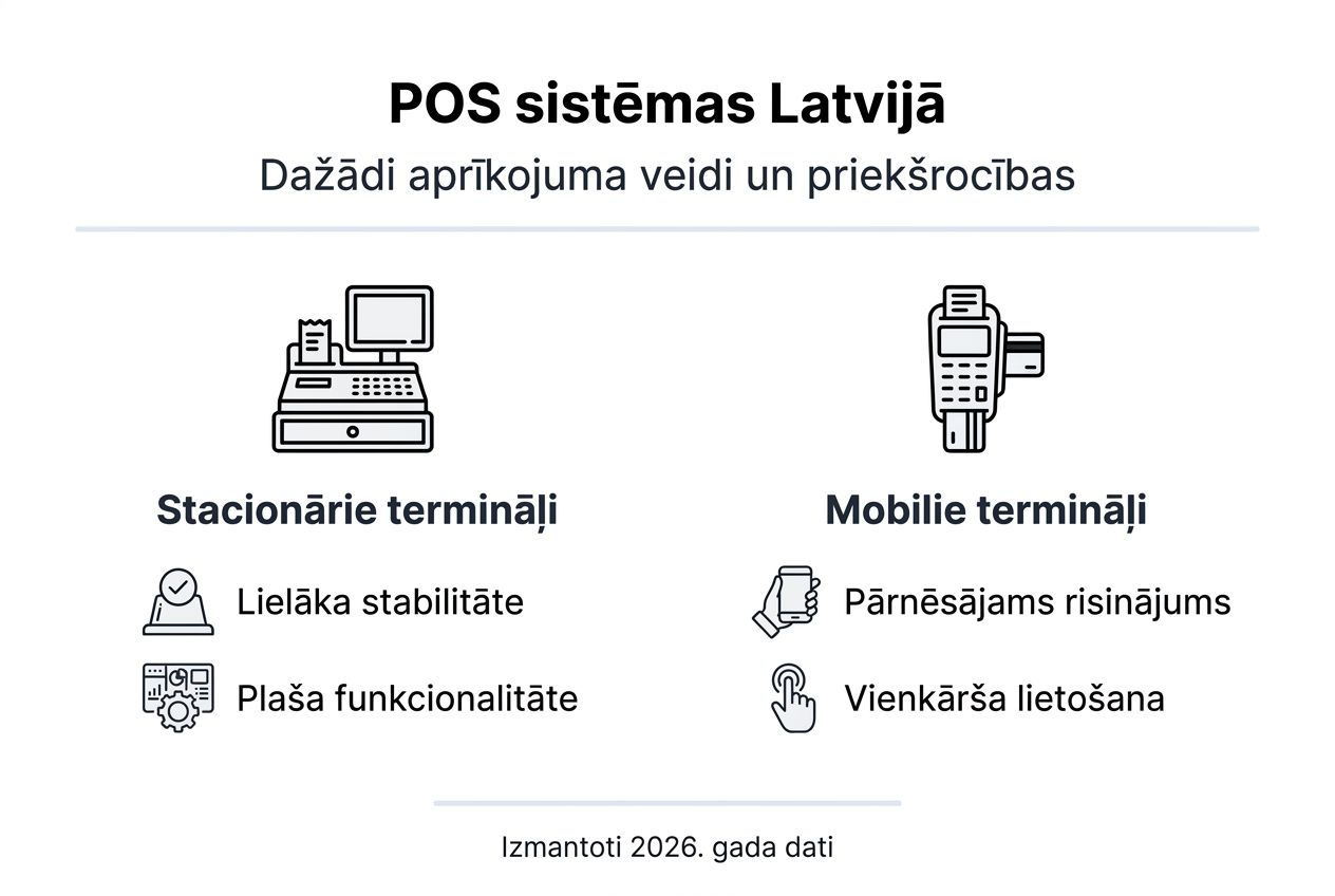 Infografikā apkopoti dažādu POS sistēmu veidi un to priekšrocības.