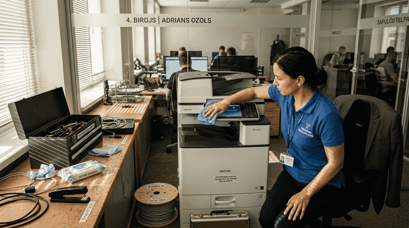 Biroja printerim tiek veikta apkope – speciālists rūpīgi pārbauda un uzlabo tā darbību.