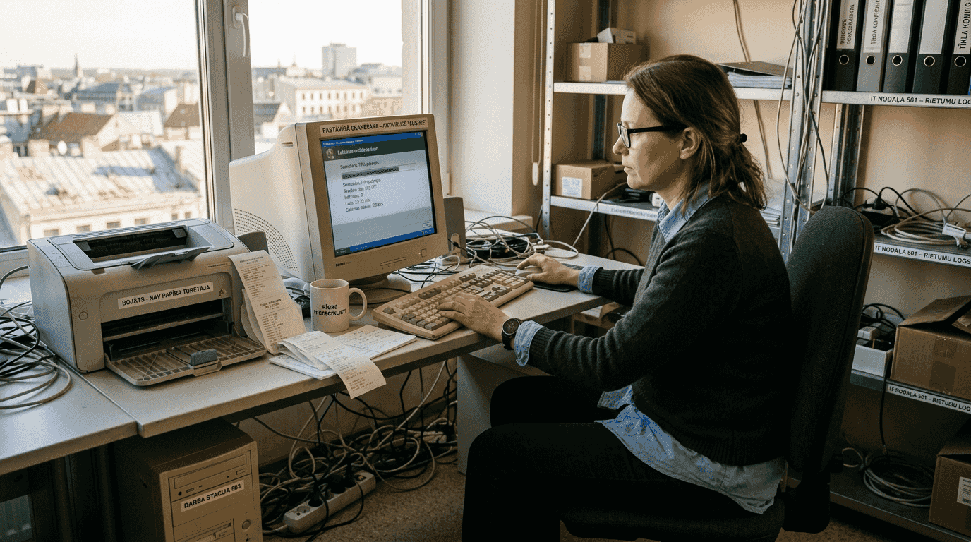 IT speciālists veic datora drošības pārbaudi, lai pārliecinātos par sistēmas aizsardzību pret iespējamām apdraudējumiem.