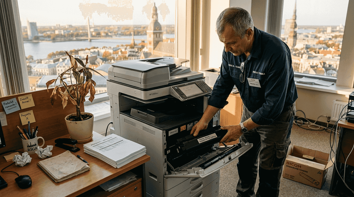 Birojā pie kopētāja strādā tehniķis, veicot tā apkopi.