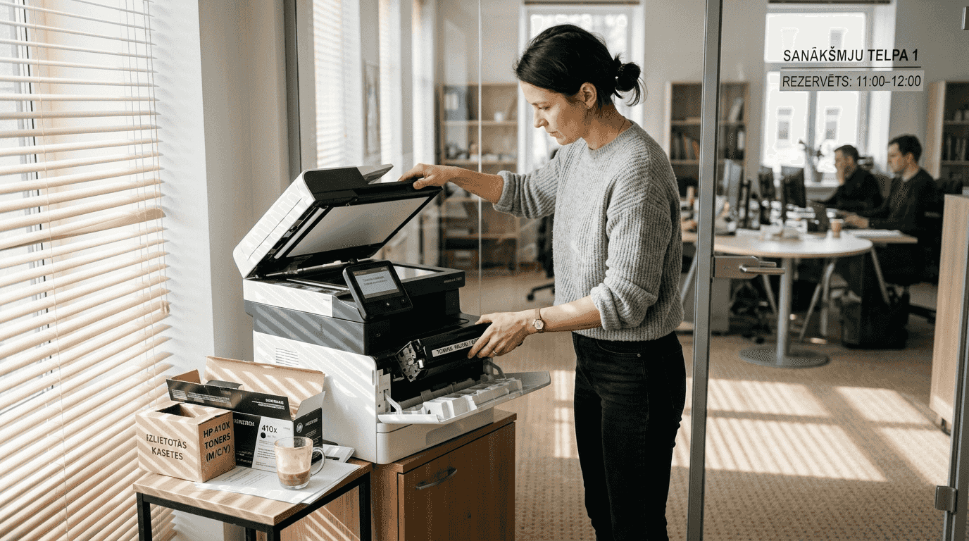 Sieviete pārbauda un kopj printeri, lai tas darbotos bez traucējumiem.