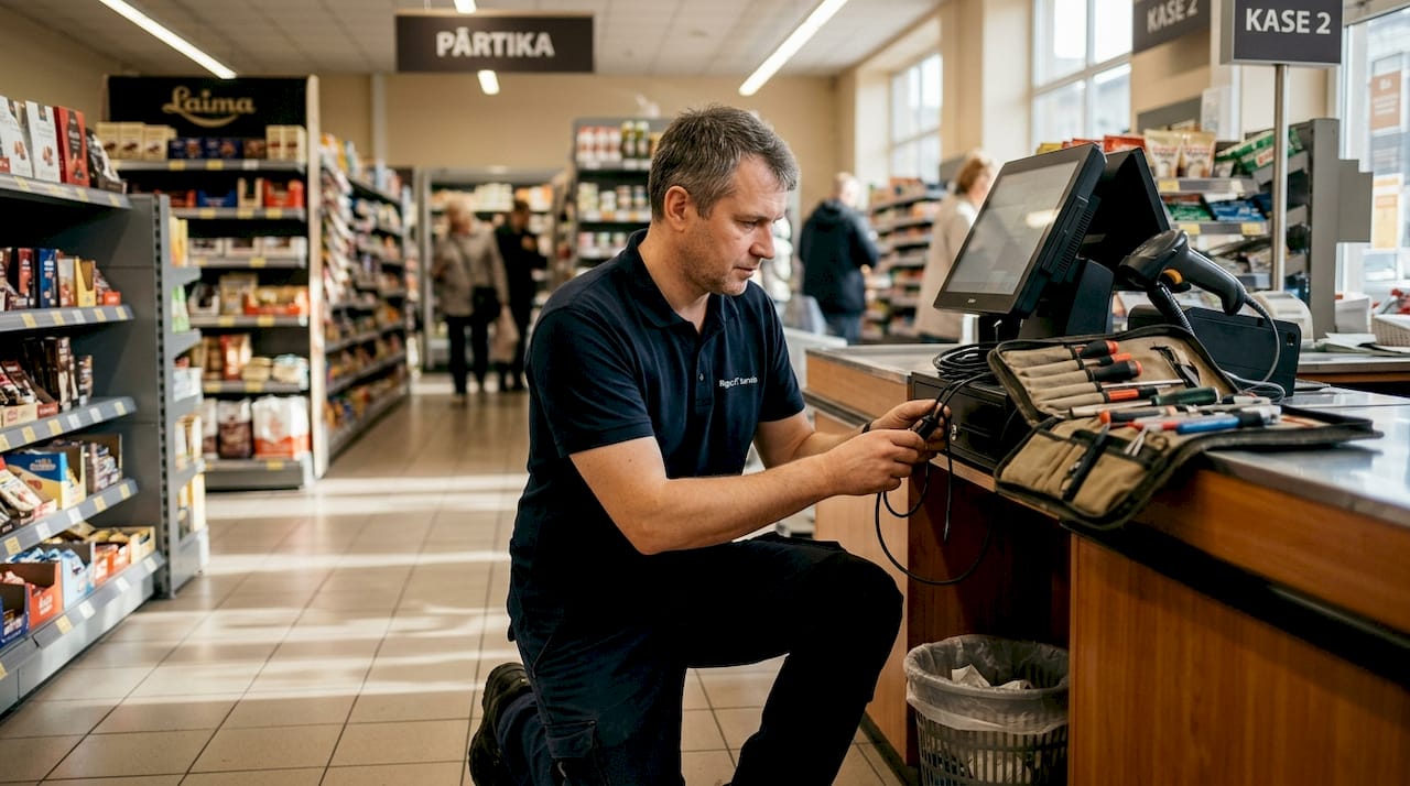 Tehniķis veic kases sistēmas apkopi zem letes tirdzniecības vietā.