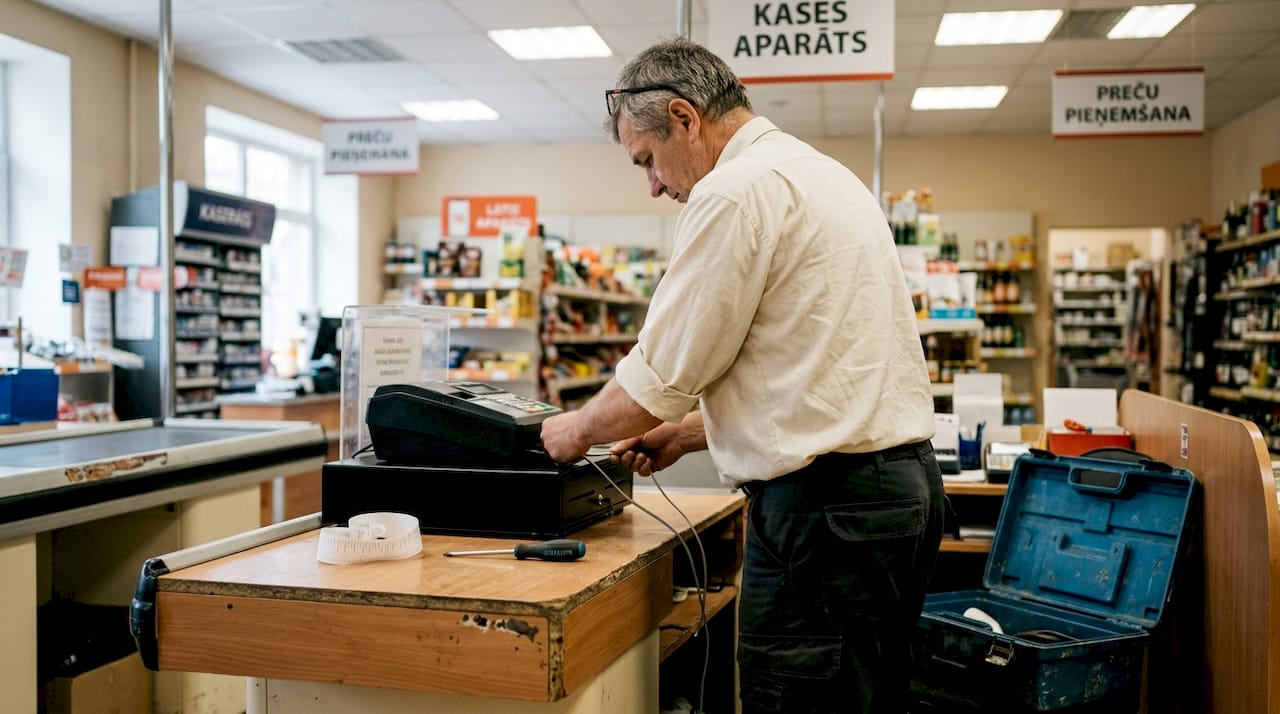 Tehniķis uzstāda POS termināli pie kases aparāta.