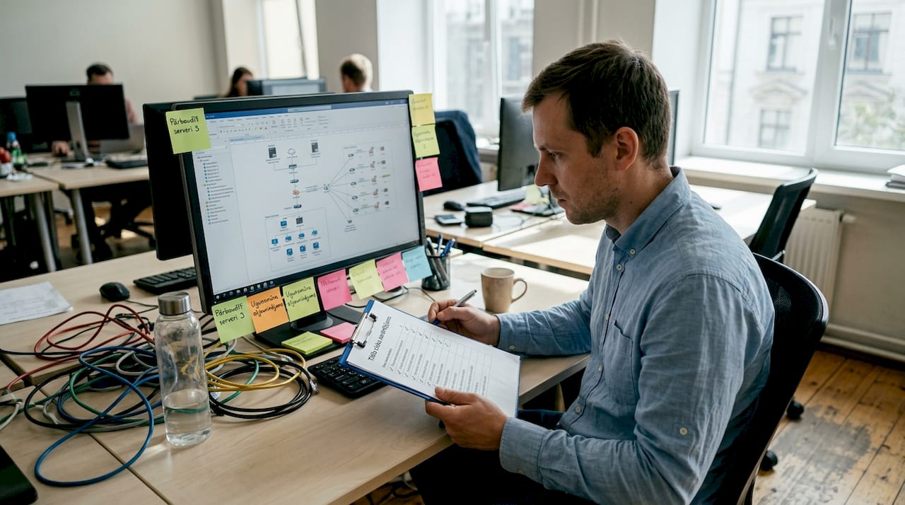 IT vadītājs pie sava rakstāmgalda izvērtē iespējamos riskus uzņēmuma darbībā.