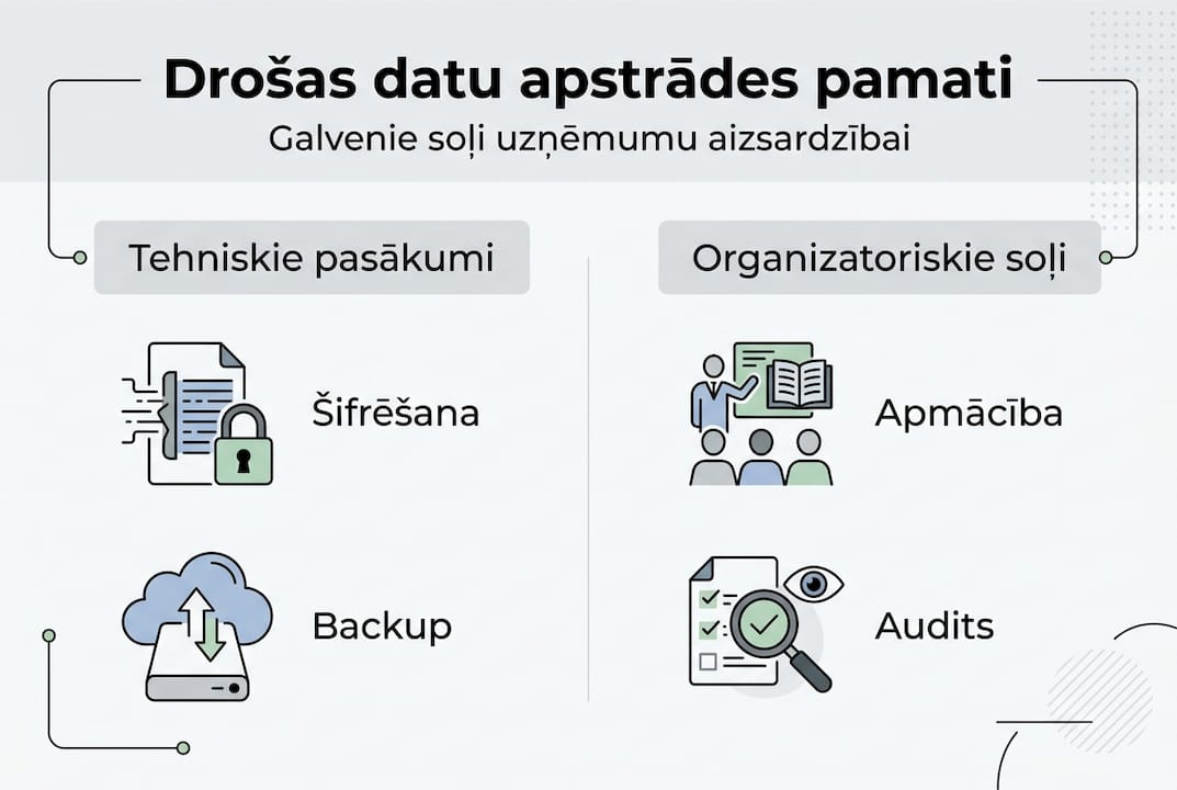 Pārskatāma infografika ar svarīgākajiem soļiem datu drošības nodrošināšanai