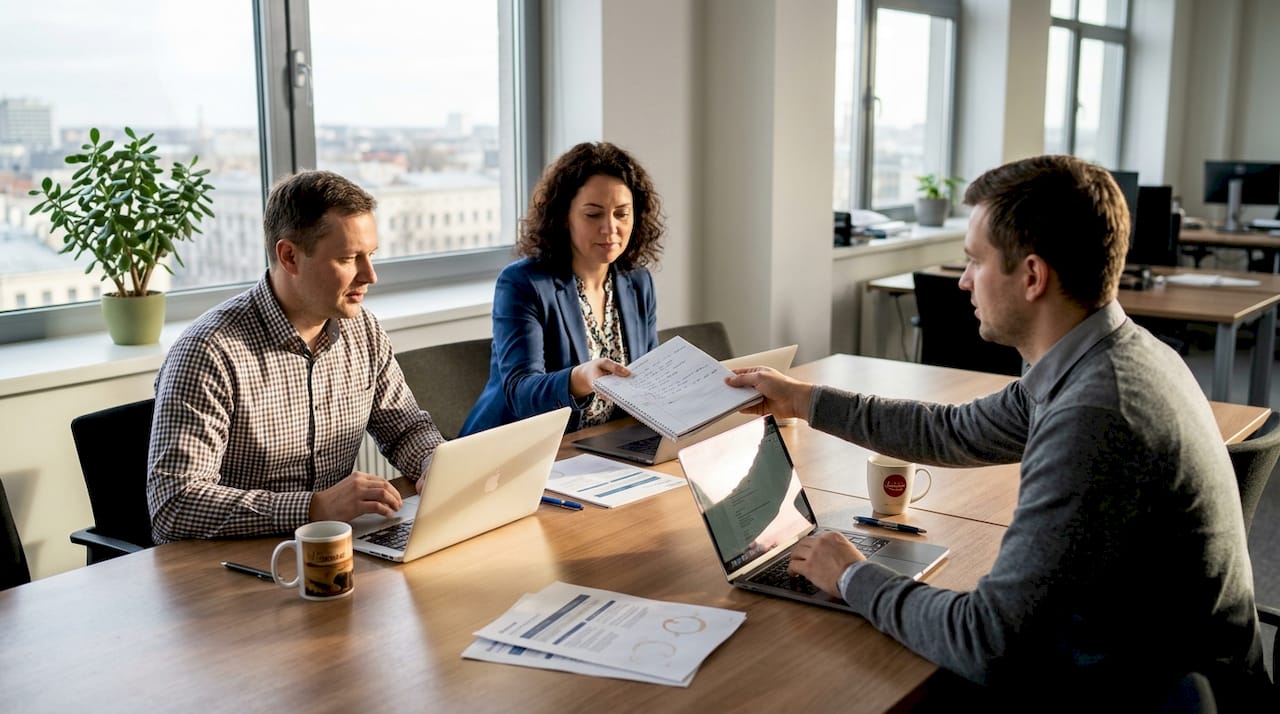 Uzņēmuma komanda strādā kopā, lai uzlabotu darba efektivitāti un sasniegtu labākus rezultātus.