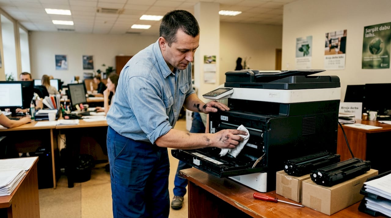 Tehniķis birojā tīra printera veltni