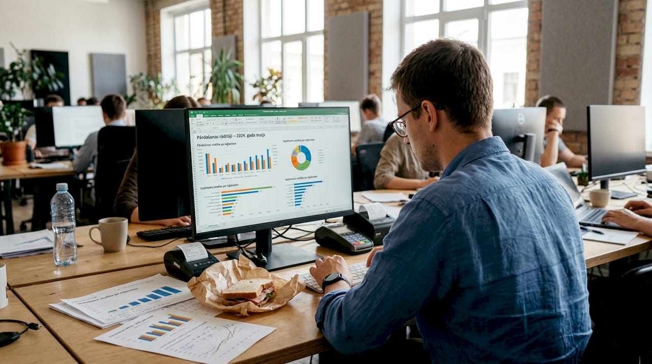 Analītiķis pie datora ekrāna rūpīgi pēta kases pārdošanas datus