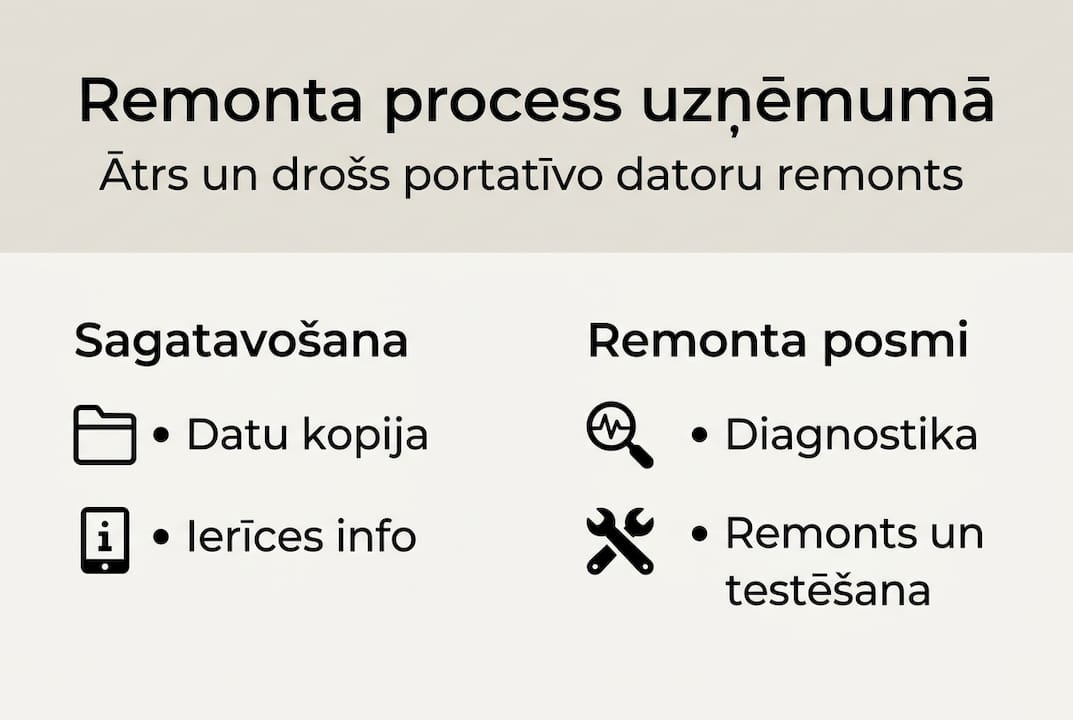 Infografika: Kā uzņēmumā tiek veikts portatīvā datora remonts – soli pa solim