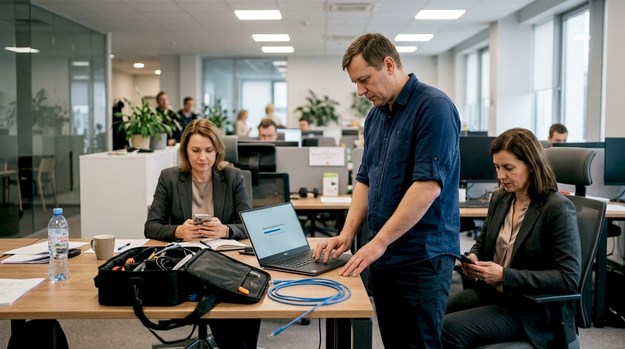 Inženieris pārbauda portatīvo datoru klienta birojā pie darba galda.