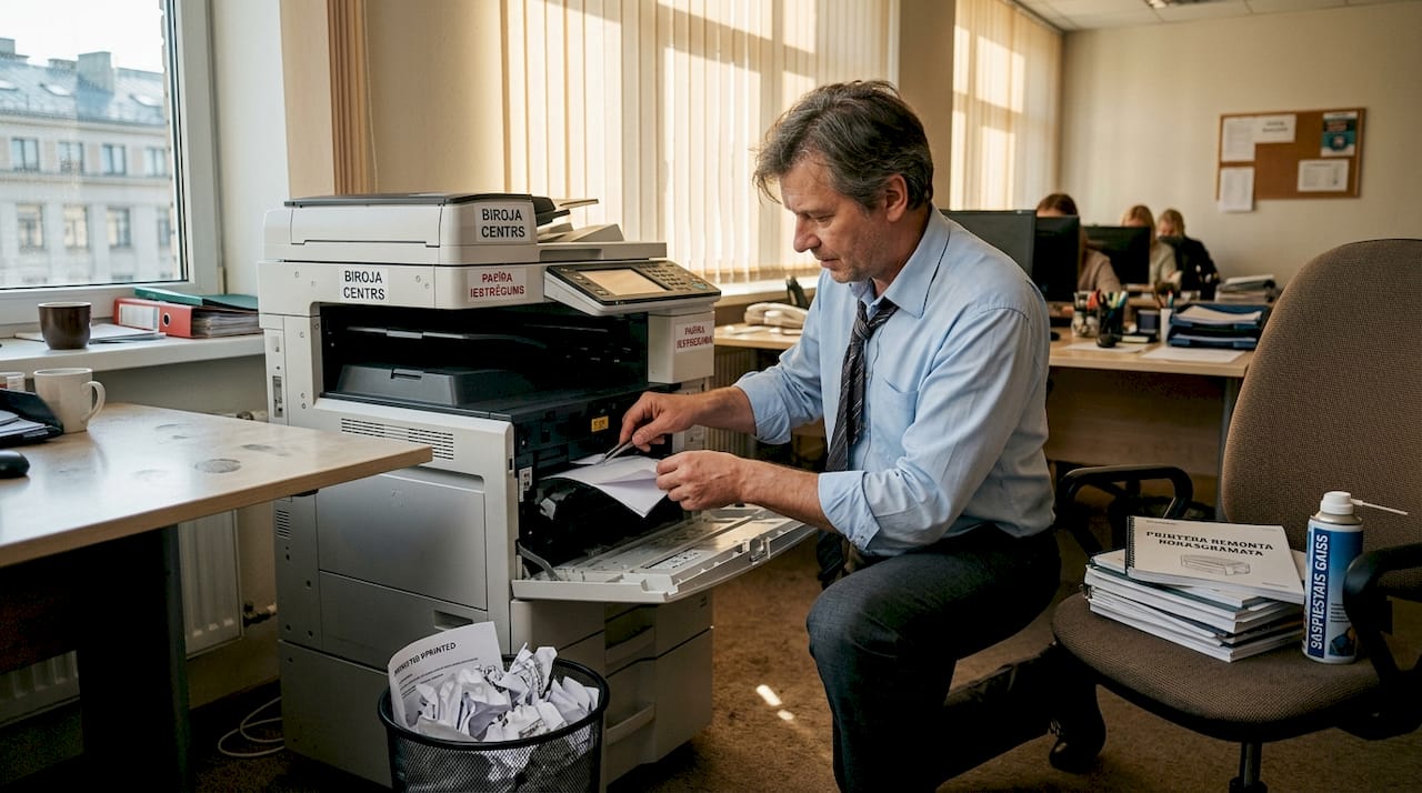 Biroja darbinieks veic printera apkopi