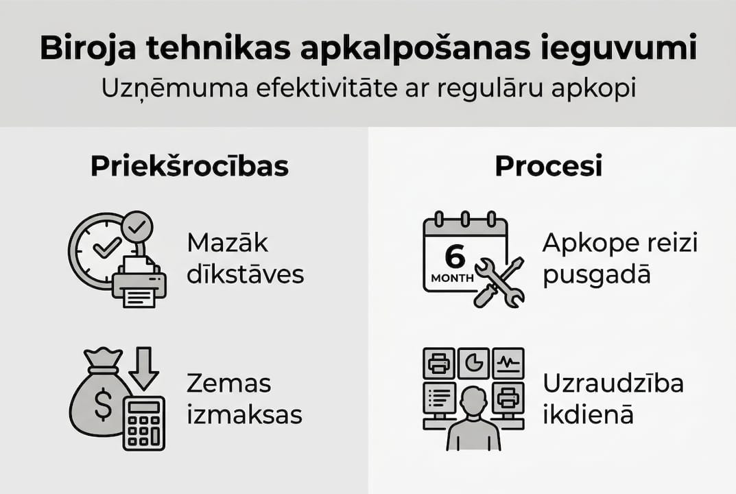 Infografika: biroja tehnikas apkalpošanas ieguvumi un norise