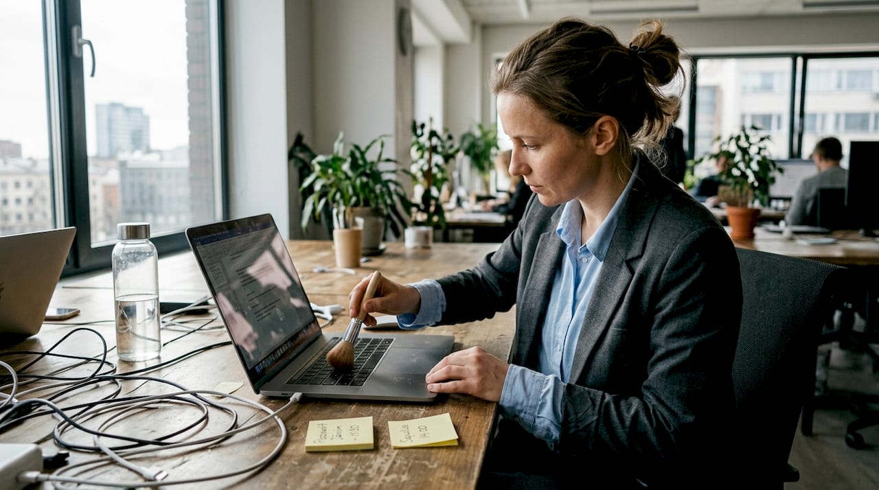 Darbinieks koplietošanas birojā rūpīgi tīra savu portatīvo datoru.