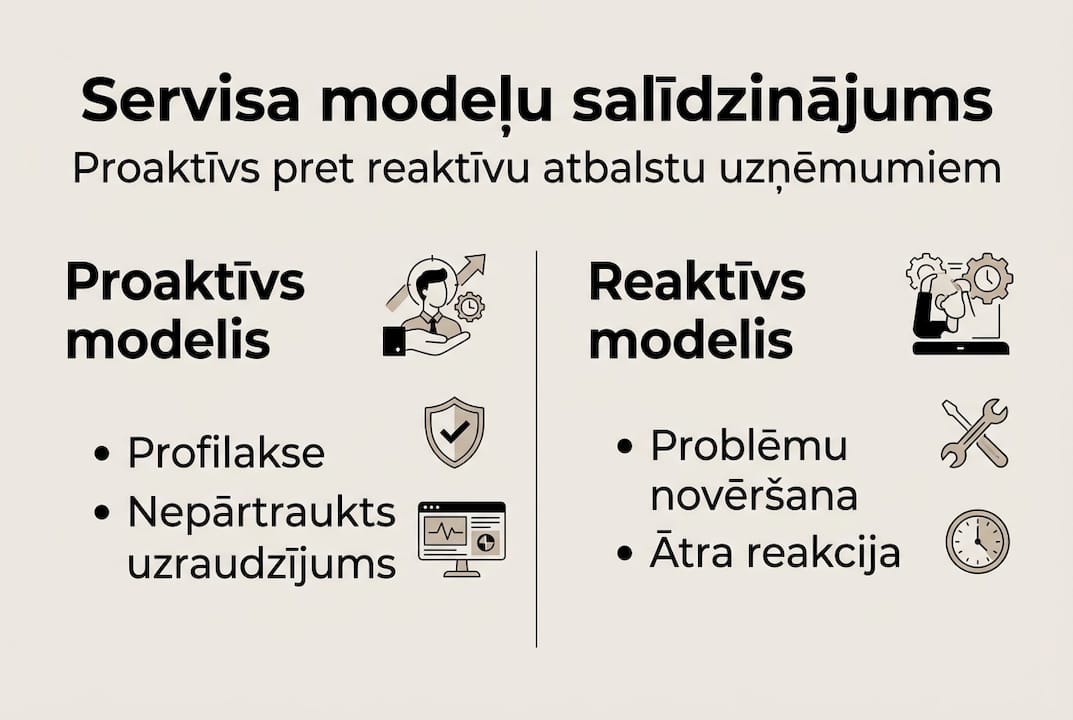 Salīdzinošs infografiks par proaktīvo un reaģējošo klientu apkalpošanas pieeju