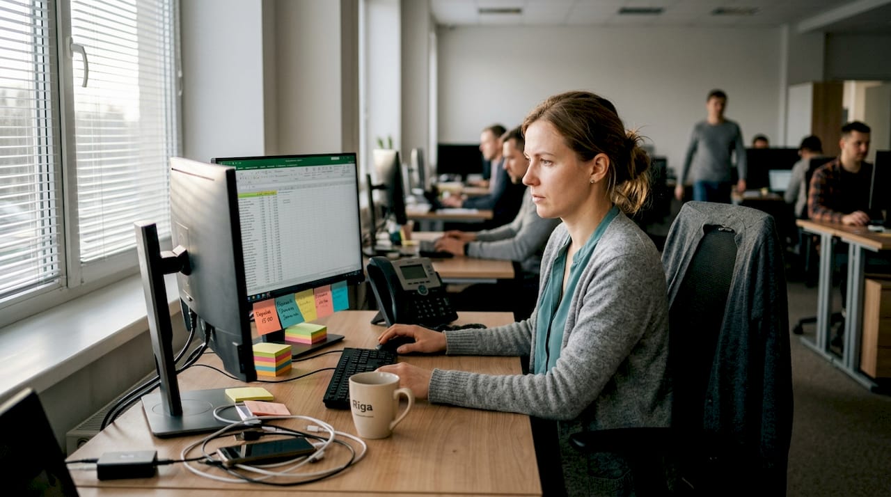 Biroja darbinieks pie sava galda strādā ar vairākiem datoru ekrāniem.