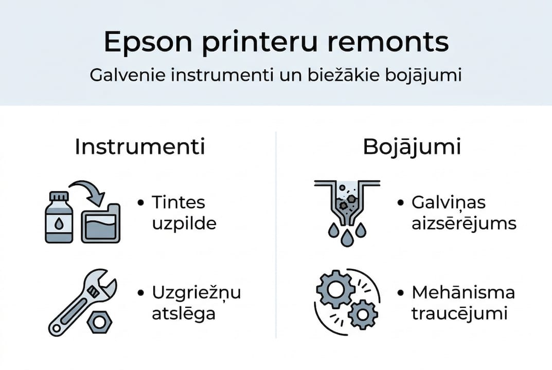Infografika: Kādi instrumenti noder Epson printeru remontā un kādi ir biežāk sastopamie bojājumi