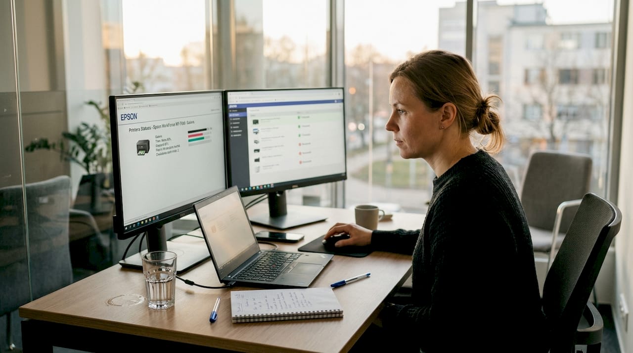 Sieviete attālināti pārrauga Epson printera darbību, izmantojot vadības paneļus savā datorā.