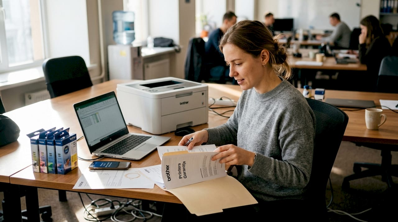 Biroja darbinieks sagatavo dokumentus printera apkopei