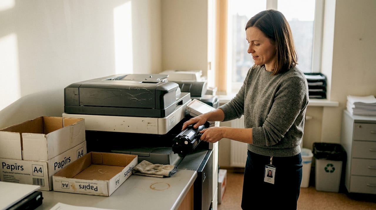 Tehniķis biroja telpā maina printerim toneri.