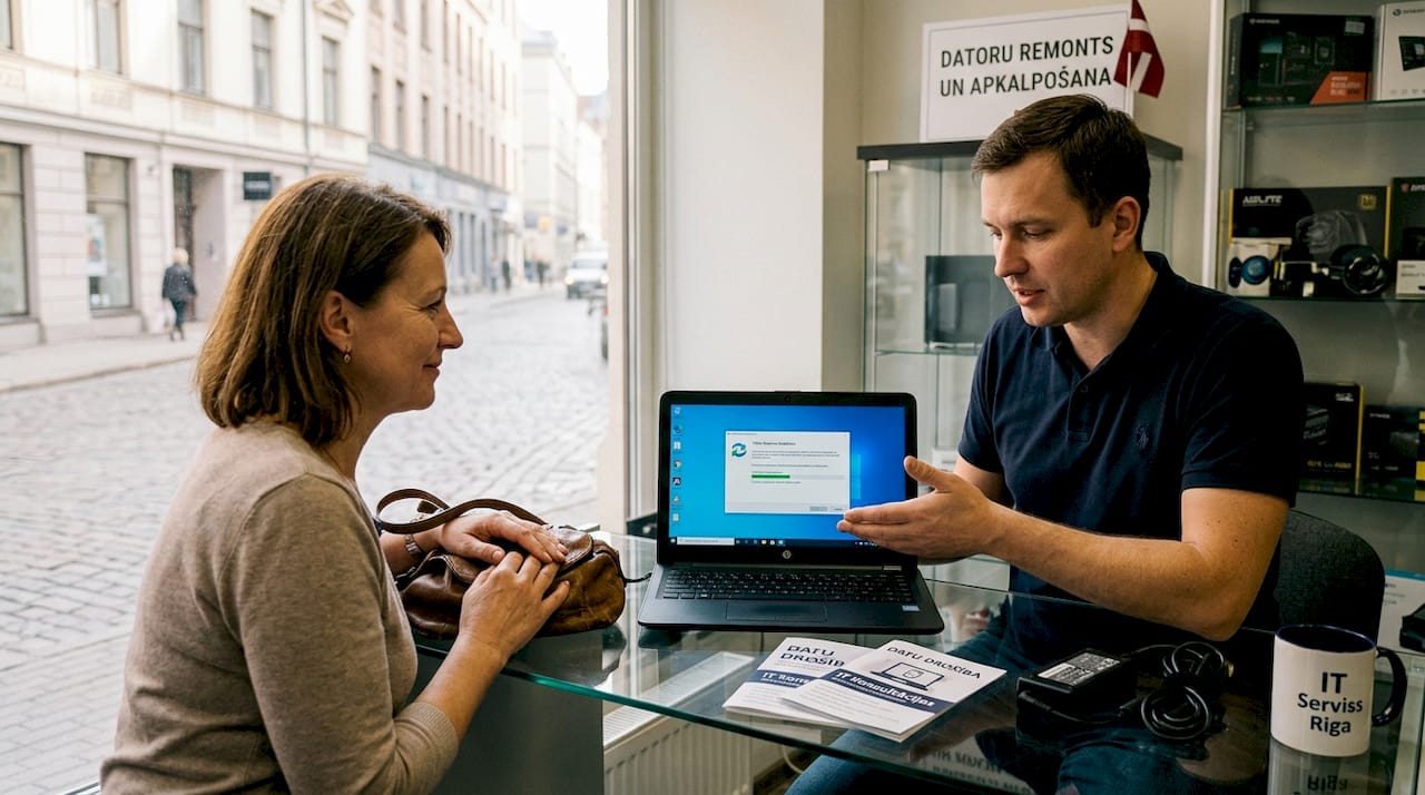 Veikala speciālists konsultē klientu par HP portatīvā datora izvēli un lietošanu.