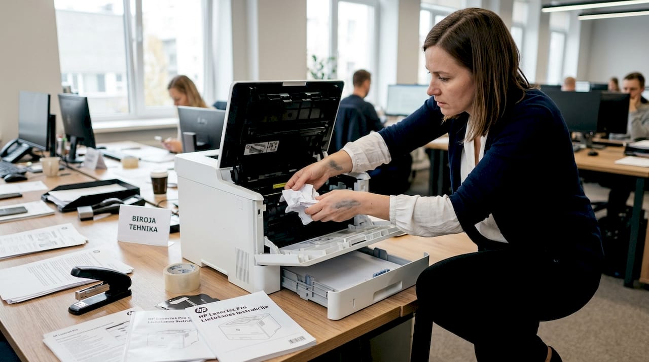 Biroja darbinieks pārbauda HP printeri, rūpīgi ieskatoties tā iekšpusē.