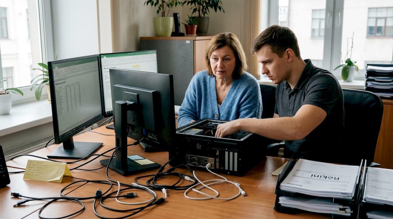 Ofisā sieviete seko līdzi datora pārbaudei.