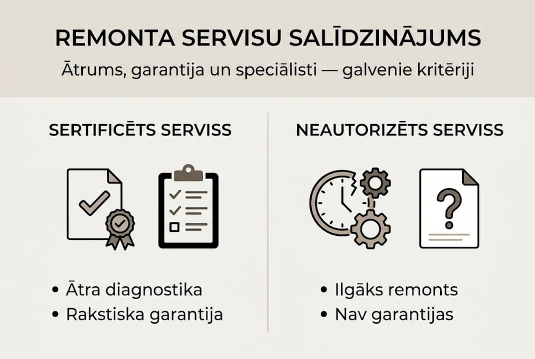 Pārskata infografika ar būtiskākajām atšķirībām starp dažādiem remonta servisiem