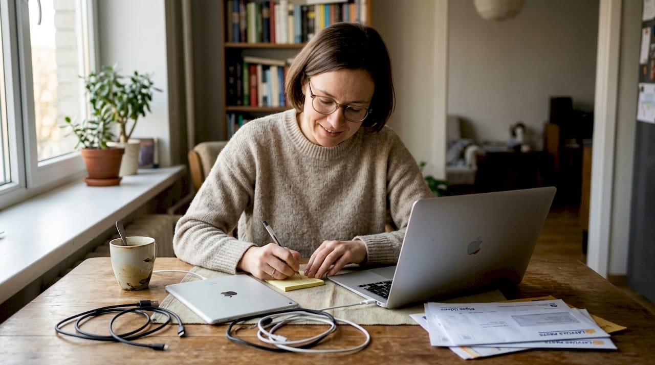 Sieviete pie ēdamgalda veic iPad dublējuma izveidi